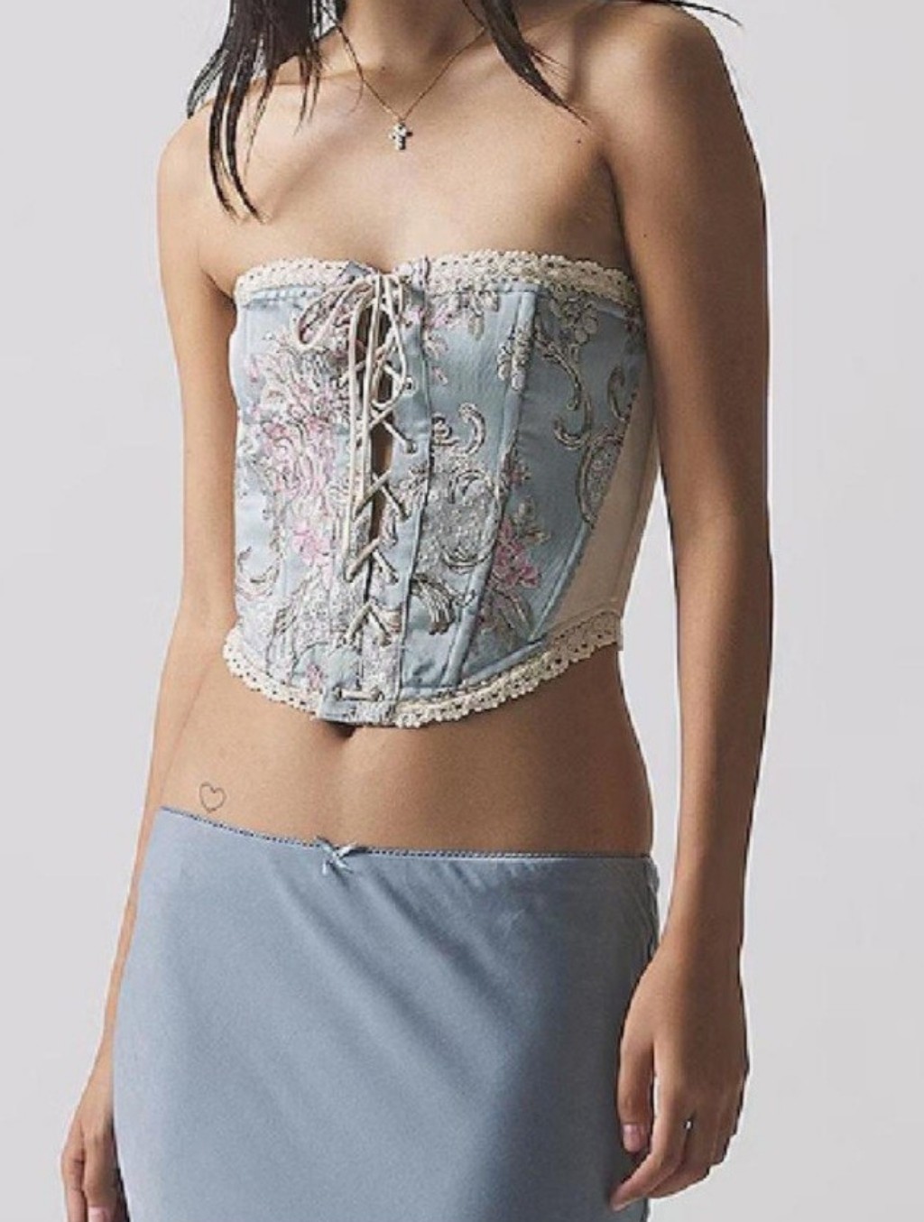 Blue Floral Lace Up Tapestry Brocade Bustier Corset Small